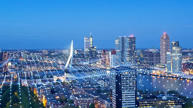 Cityscape with abstract particles covering ground and buildings